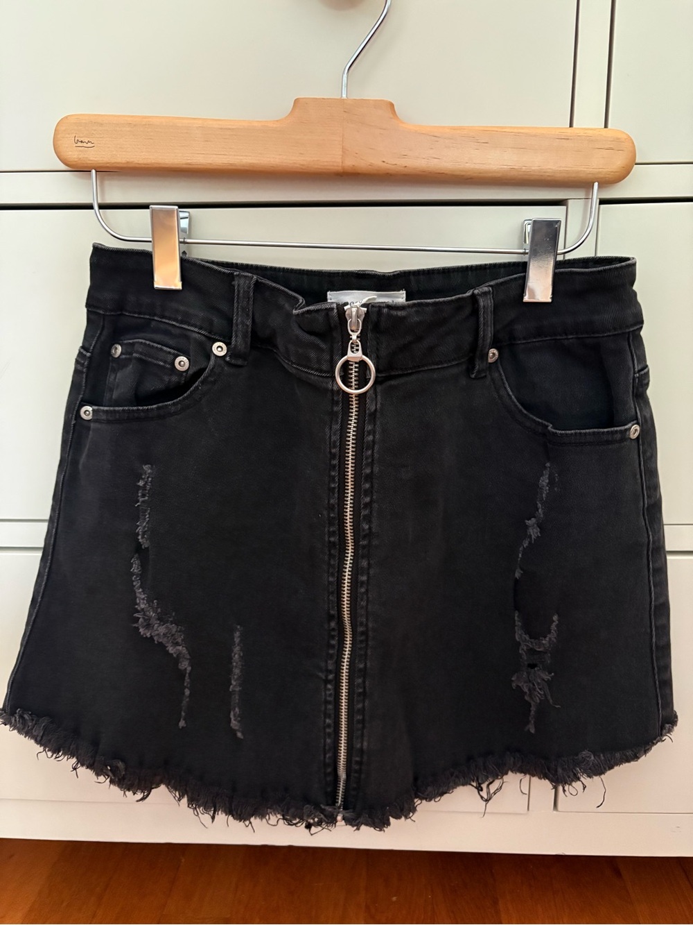 Black Denim Mini Skirt with O-Ring Zip